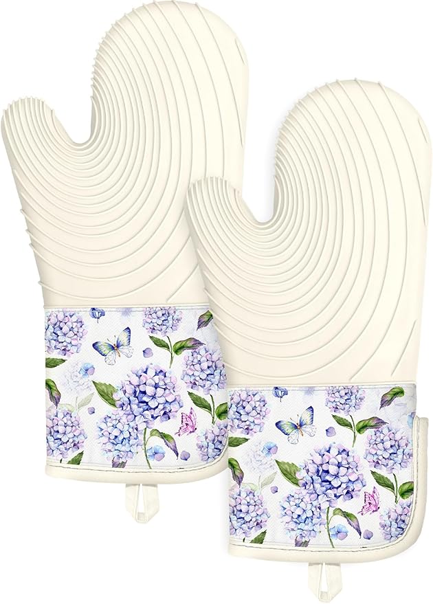 Slohif Long Silicone Oven Mitts Heat Resistant for Women - 2 Pcs Blue Flower 100% Cotton Oven Gloves, Non-Slip and Waterproof Silicone Oven Mitts with Hanger for Baking and Cooking