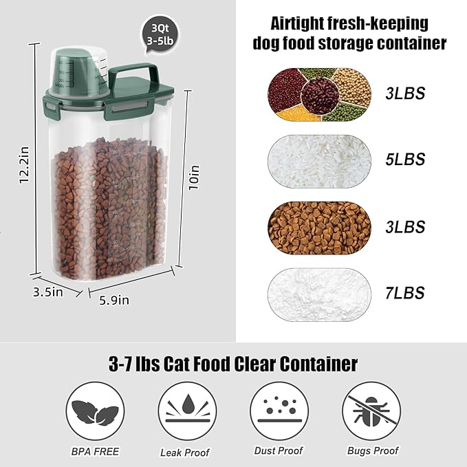 LEAWALK 3-5Lbs Airtight Small Cat Dog Pet Food Storage Containers BPA Free, with Large Pour Spout/1 Measuring Cup/ 4 Safety Locks and Double-layer Silicone Strip (Dark Green2Pack)
