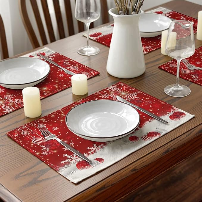 Ansouyi Placemats Set of 6, Red Snowflakes Christmas Balls Washable Heat Resistant Linen Table Mats, Kitchen Decor Non-Slip Place Mats for Party Dining, 12x18 Inch