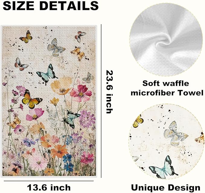 3Pcs Butterfly Kitchen Towels, Reusable Cleaning Dish Cloth Tea Towel, Floral Microfiber Hand Towel, Waffle Towels for Home Kitchen Bathroom Decor, Butterfly Gifts for Women Mom Friend, 24x14 Inch