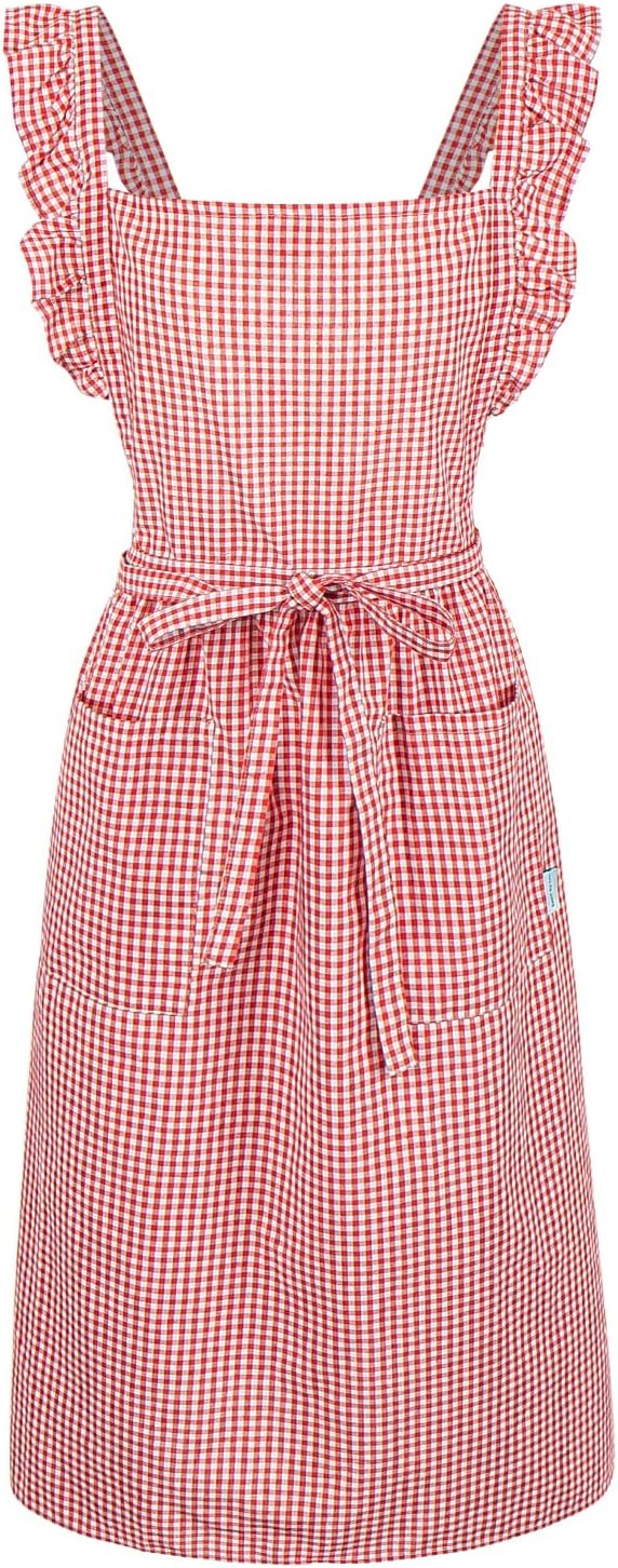 Vintage Gingham Apron for Women, Ruffle Straps, 2 Pockets, Soft Cotton, Apron Dress Style for Cooking & Baking
