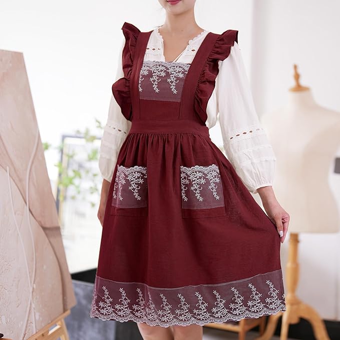 Aoomzoon Vintage Aprons for Women with Pockets Cute Lace Ruffle Adjustable Apron for Cooking Kitchen Baking Gardening
