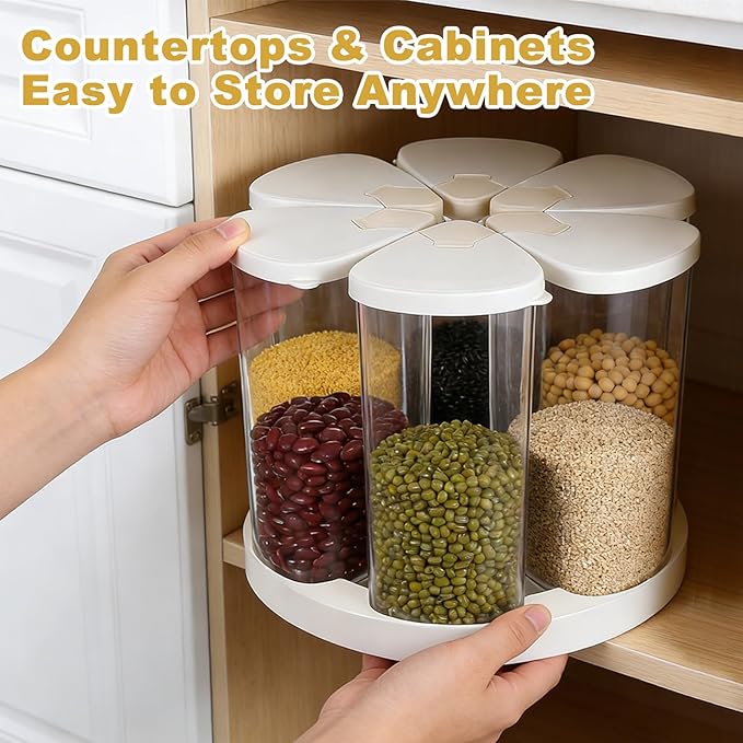 5-10 lbs Rice Dispenser 6 Grids 360° Rotating Cereal Dispenser Countertop BPA-Free PET Grain and Rice Storage Container with Lids Dry Food Dispenser Grain Canister Sets for Oats Flour Corn Flakes