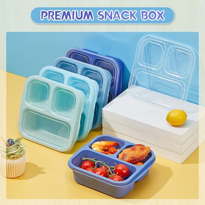 Honeydak 5 Pack Snack Containers 3 Compartment Bento Snack Boxes Divided Meal Prep Containers with Lids Reusable Adults Lunch Food Storage Box for School Work Travel (Blue Ombre)