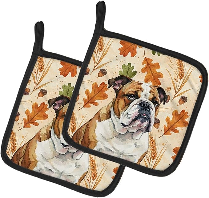 Caroline's Treasures Brindle and White English Bulldog Heirloom Fall Pair of Pot Holders Pair 7.5x7.5 Quilted Insulated Hot Pads Decorative Kitchen Gift Made in USA