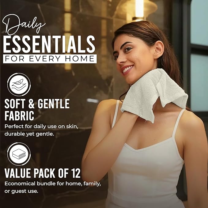 RIVERSIDE Pack of 12 Washcloths, 12 x 12 Inches, 100% Cotton, Premium Flannel Face Cloths, Highly Absorbent & Soft Feel Fingertip Towels (Cannoli Cream, 12 Pack)