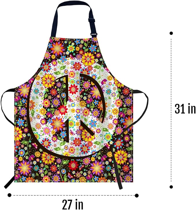 oFloral Hippie Flowers Print and Peace Apron Chefs Apron, Cooking and Baking Apron for Men and Women, Kitchen Aprons, Butchers Apron, BBQ & Catering Bibs, 27 X 31 Inch