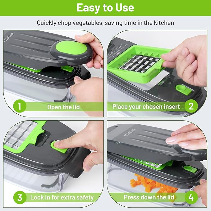 Veggie Chopper 13 in1 Onion Chopper ·Vegetable Chopper with Container · Salad Chopper · Potato cutter – Gift for Home Cooks & Home Essentials (Grey & Green)