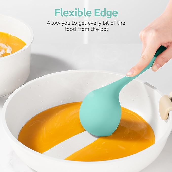 2.6oz Small Silicone Soup Ladle: U-Taste 600ºF Heat Resistant Non-Stick Kitchen Deep Serving Spoon, Soft Cooking Utensil with Non-Slip Solid Handle for Mixing Sauce Stew Gravy (11in, Aqua Sky)
