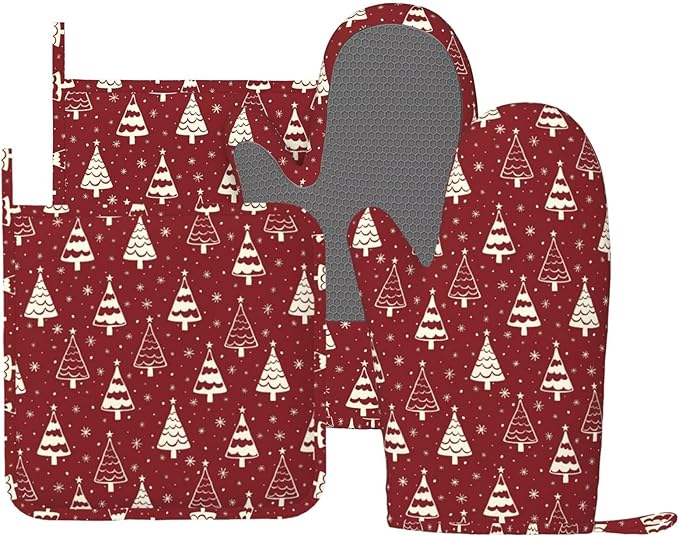 Christmas Oven Mitts and Pot Holders Set, 4pcs Silicone Christmas Tree Oven Glove for Kitchen Heat Resistant Snowflake Oven Mitts and Potholders Non-Slip for Cooking