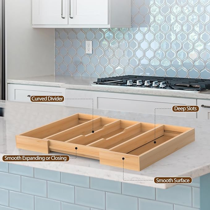 Bamboo Expandable Kitchen Drawer Organizer, 13" - 23" Adjustable Utensils Holder and Cutlery Tray, 3-5 Slots Drawer Organizer for Silverware Flatware