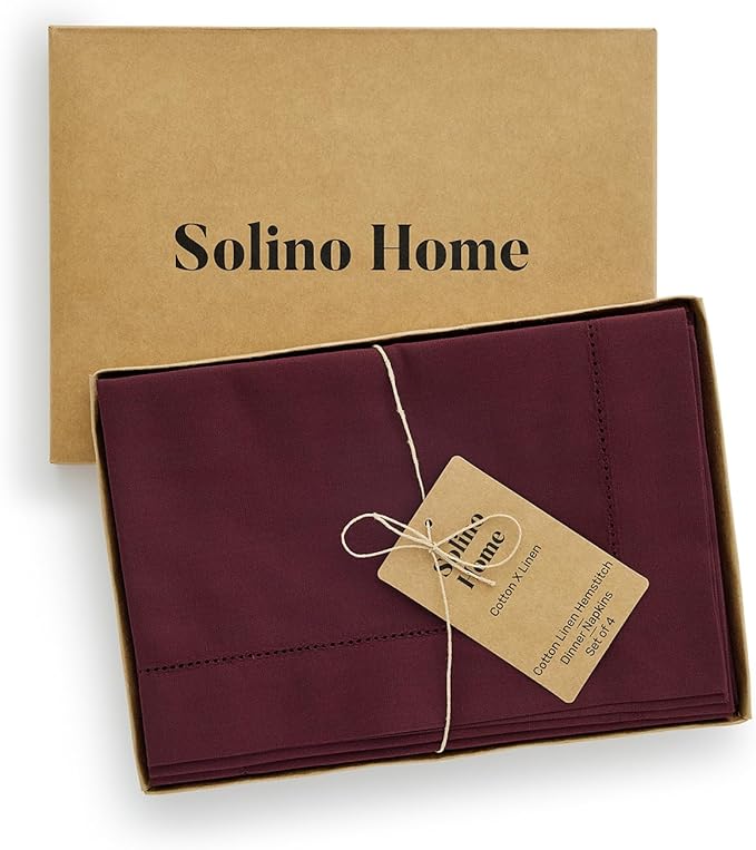 Solino Home Wine Napkins Set of 4 - Cotton Linen Hemstitch Dinner Napkins Cloth 20 x 20 Inch for Mothers Day - Handcrafted and Machine Washable