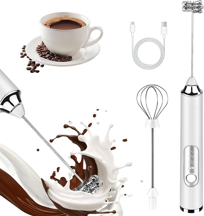 Handheld Milk Frother, rechargeable milk frother with 2 Stainless Steel Whisks 3 Speeds Electric Drink Mixer, Coffee Mixer Wand for Latte, Cappuccino, Matcha, Hot Chocolate, Egg (White)