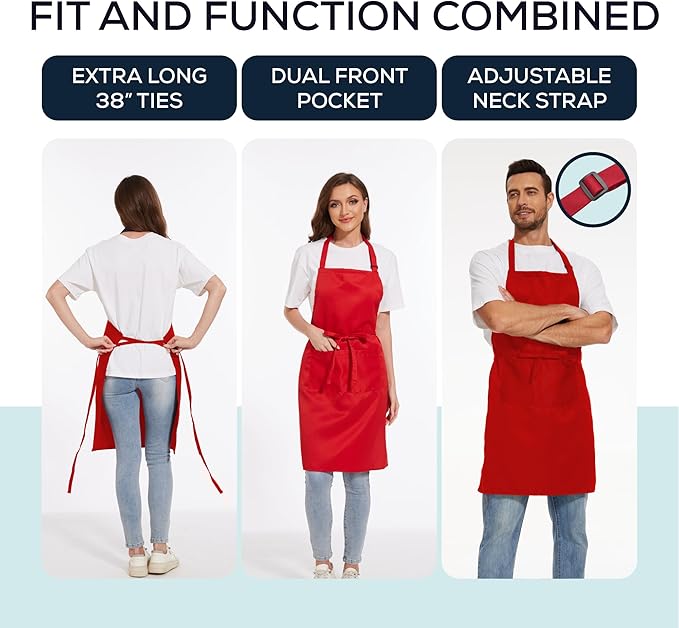 Will Well Kitchen Apron for Men and Women - 33" x 27" Oil-and-Water-Resistant with Adjustable Neck Strap and 38" Waist Ties for a Snug Fit, Lightweight with 2 Front Pockets - 6-Pack, Red