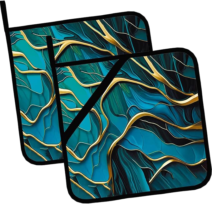 Pot Holders for Kitchen Heat Resistant Pot Holders,Abstract Turquoise Stone Marble Set of 2 Oven Hot Pads for Cooking Baking BBQ Gifts for Women Men