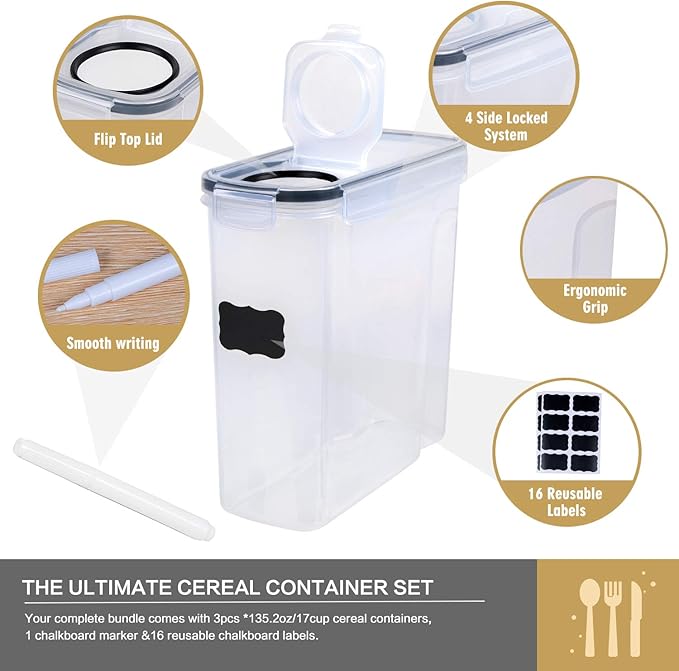 FOOYOO Cereal Containers Storage Set - 3 Piece Airtight Large Dry Cereal Container (135.2oz), BPA Free Dispenser Plastic Cereal Storage Containers with 16 Labels & Pen