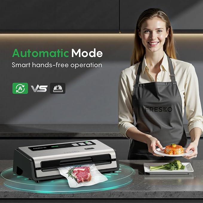 FRESKO Food Vacuum Sealer with Automatic Bag Detection, 0.2-inch Widened Heating Strip, Built-in Bag Roll Storage & Cutter, 2 Rolls Bags, Starter Kit
