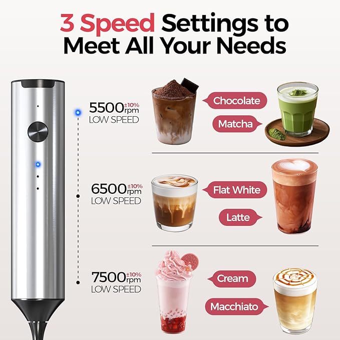 YARRAMATE Rechargeable Milk Frother Wand Handheld, 3 Speed Adjustable Electric Drink Mixer with 2 Whisks, Stainless Steel Stirrer for Coffee, Lattes, Protein Shakes, Matcha, Egg