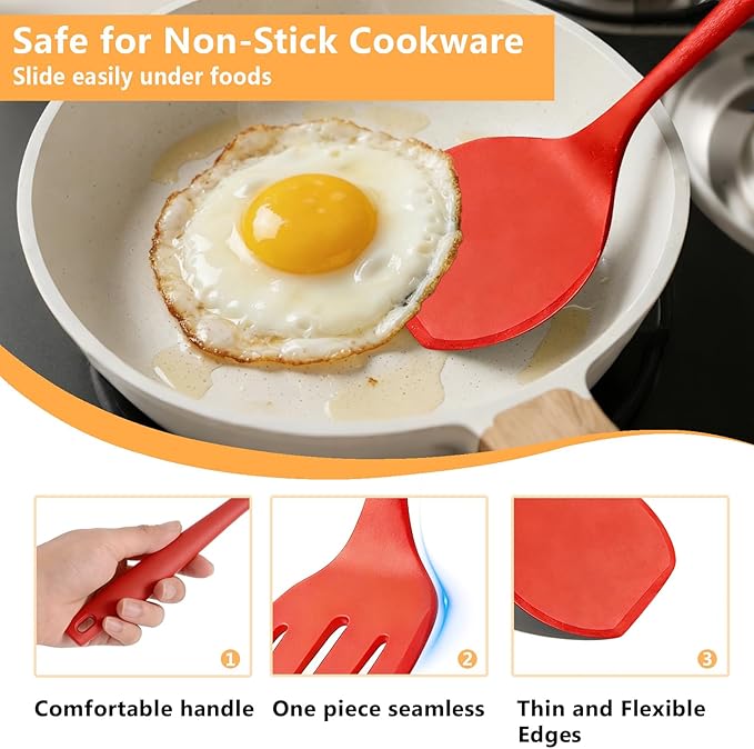 Pancake Silicone Spatula Set, Flexible Turner Spatulas for Flipping, BPA Free, Non Stick and Non Scratch Great for Egg, Fish, Burgers, Dishwasher Safe (4 Pack, Red)
