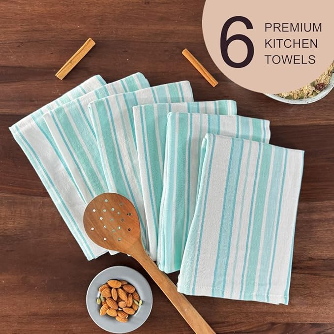 THE COVERS Premium 100% Cotton Kitchen Towels in Serene Aqua Mist Colors | Set of 6 Lavishly Large Towels (20.5”x30.5”) | Handy Hanging Loop for Drying | Arrives Gift-Ready, with a Signature Tote