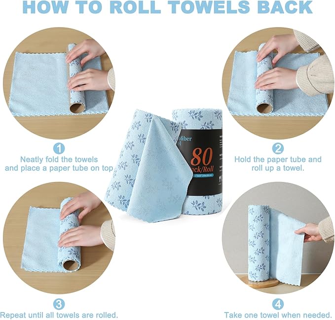 Microfiber Cleaning Cloth Roll,80 Pack Cleaning Towels,Lint Free Rags Paper Towels & Tear Away Reusable Towels,Washable Shop Rags Floral Wipe Cloth,Wash Cloths Dish Rags for Car Kitchen Window