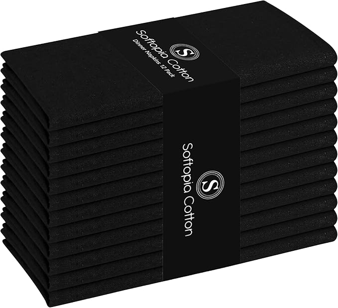 Napkin 100% Cotton Cloth Napkin Decorative Washable Napkins Set of 12 for Home, Kitchen, Dining, Cocktail Parties & Camping - Black (17"x17")