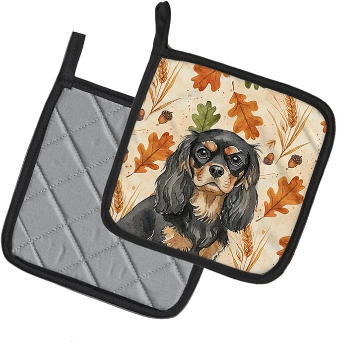 Caroline's Treasures Black and Tan Cavalier Spaniel Heirloom Fall Pair of Pot Holders Pair 7.5x7.5 Quilted Insulated Hot Pads Decorative Kitchen Gift Made in USA