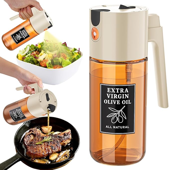 Olive Oil Spray Bottle 16oz/500ml, 2 in 1 Spray and Pour Oil Dispenser, Glass Oil Sprayer for Cooking, Clear Glass Olive Oil Sprayer for Baking Kitchen Use Home Cooking Tool（Beige）