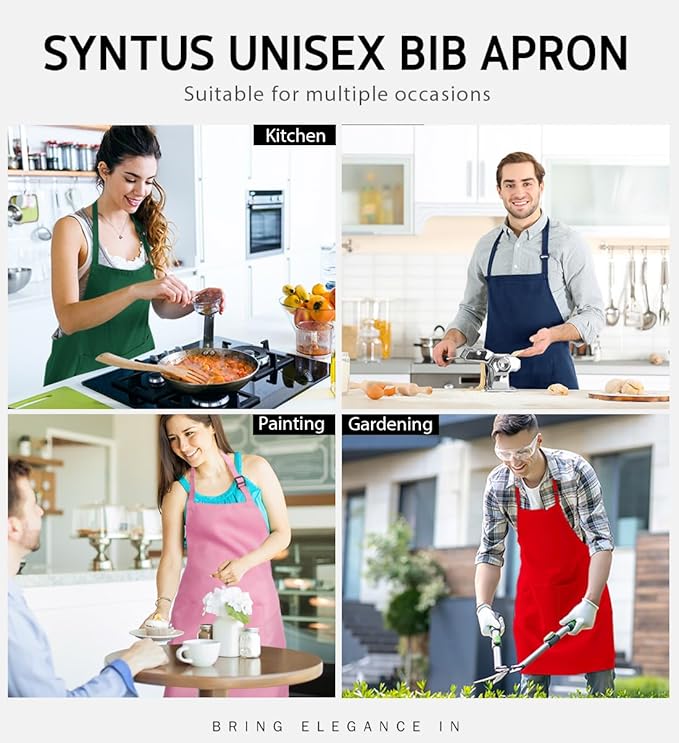 Syntus 12 Pack Bib Apron, Unisex Aprons Adjustable Waterdrop Resistant with 2 Pockets Cooking Kitchen Apron for Chef, BBQ Drawing Apron Bulk, Multi-Color
