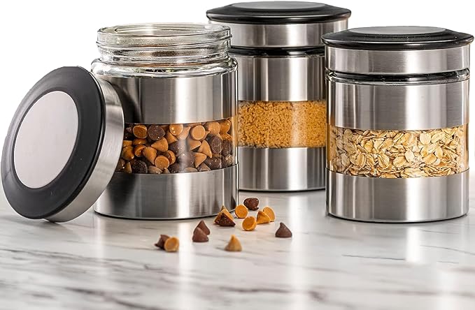 Le'raze Quality Stainless Steel Canister Set of 3 for Kitchen Counter with Glass Window & Airtight Lid - Food Storage Containers with Lids Airtight - Pantry Storage and Organization Set