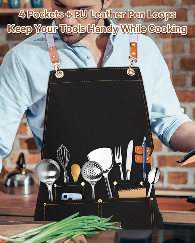 Teskyer Kitchen Cooking Apron with Pockets, Water Oil Resistant, Canvas Cross Back Aprons for Men Women Chef Server