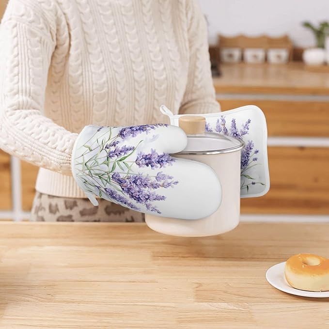 Oven Mitts and Pot Holders Lavender Watercolor Flower Floral Silicone Kitchen Accessories Set of 2 Heat Resistant Long Gloves Potholder Non-Slip Grip for Chef Cooking,Baking,Grilling,BBQ