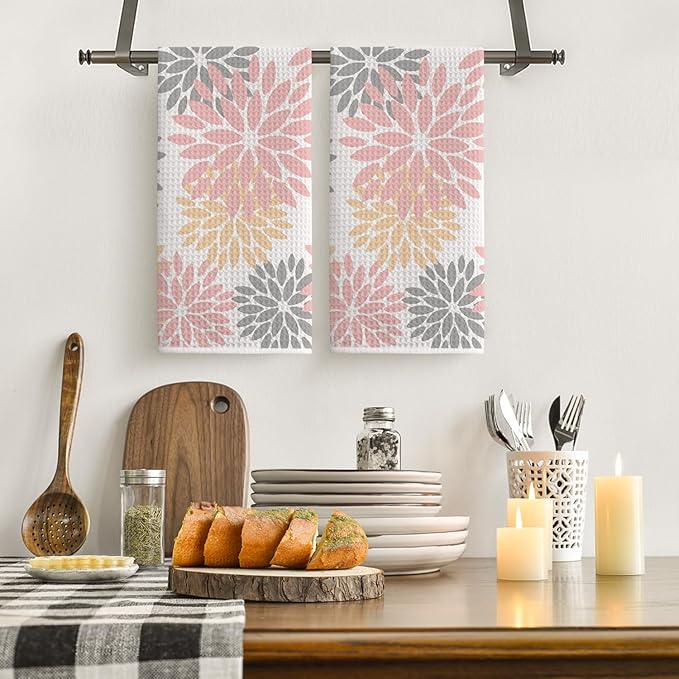 Artoid Mode Pink Dahlia Floral Bar Kitchen Towels, 12x24 Inch Quick Dry Microfiber Cloth Dish Towels for Kitchen Drying Set of 2