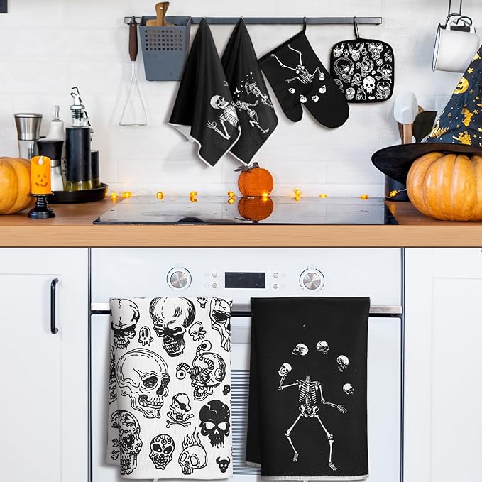 Leinuosen 8 Pcs Skull Kitchen Decor Set Kitchen Towels Gothic Oven Mitts and Pot Holders Skeleton Hand Dish Towels Horror Oven Mitts for Home Decoration Party Gifts (Black and White,Skeleton)