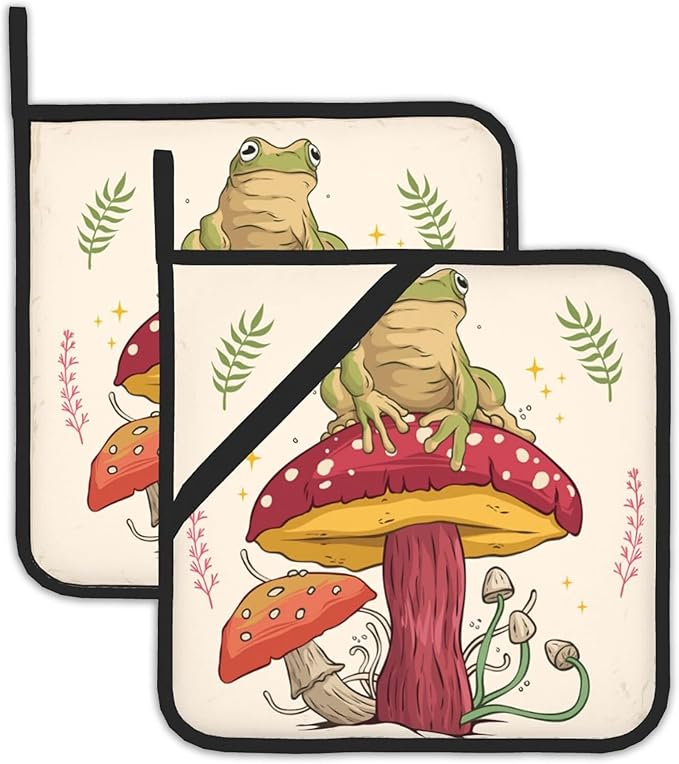 2PCS Green Frog Pot Holder with Loop,Mushroom Heat Resistant Oven Pads, Hot Pat for Kitchen Cooking Baking Food