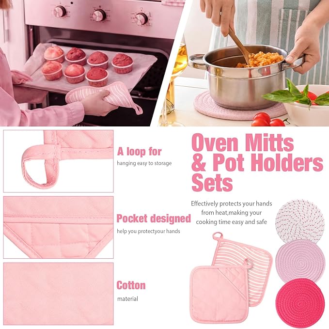 Pink Oven Mitts and Pot Holders 7 Sets, Heat Resistant Kitchen Gloves Pads Potholders for Women Gifts Pot Holders Kitchen Accessories Gift(Pink White,Rubber Cotton,Stripes)