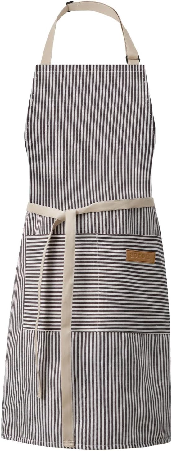 DILLMAN Kitchen Cooking Adjustable Aprons - Men Women Bib Soft Chef Stripes Apron with 2 Pockets