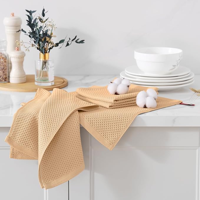 Kitinjoy 100% Cotton Kitchen Dish Cloths (12 X 12 Inches, Apricot), 6 Pack Waffle Weave Ultra Soft Absorbent Dish Towels for Drying Dishes Quick Drying Kitchen Towels Dish Rags