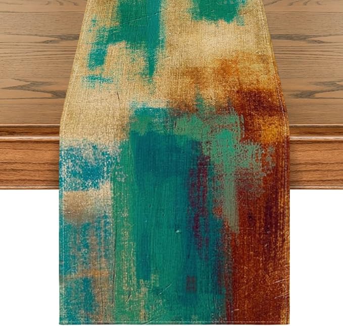 Artoid Mode Brown Blue Abstract Modern Art Table Runner, Seasonal Farmhouse Style Kitchen Dining Table Decoration for Home Party Decor 13x72 Inch