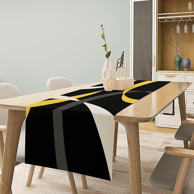 Abstract Yellow Geometric Table Runner Grey and White Striped Black Background Modern Kitchen Dinner Runner for Indoor Home Living Room Party Dining Table Decoration 13"x72"