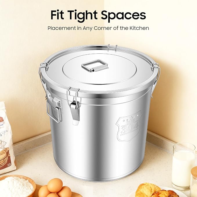 12.7Gal Stainless Steel Canister with Airtight Lid 58-73Lbs Flour Storage Containers for Kitchen Metal Rice Bucket Coffee Canister Dog Food Container Milk Can w/Handles&Sealing Buckles (48L)