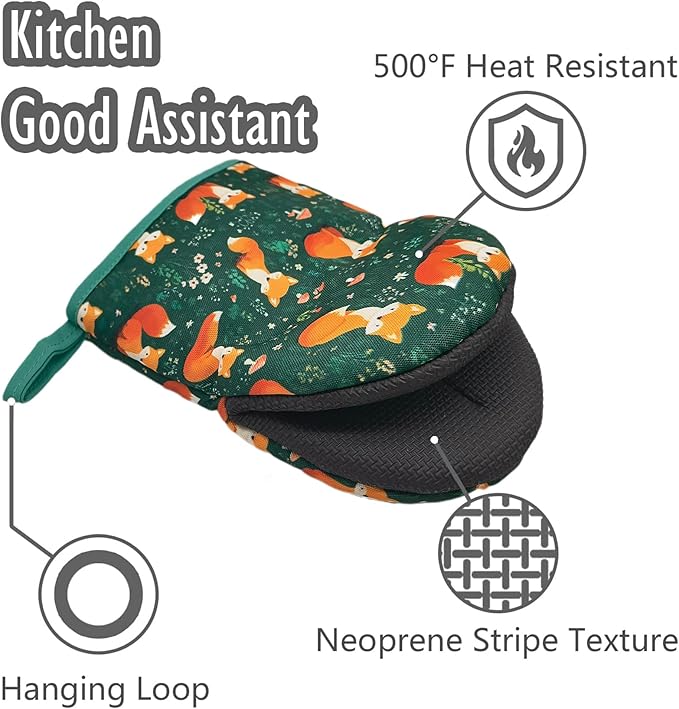 Fox Oven Mitts, High Heat Resistant Kitchen Oven Gloves, Mini Silicone Oven Mitts, Non-Slip Grip Surfaces and Hanging Loop for Grilling, Baking, Cooking and Microwave, Gift