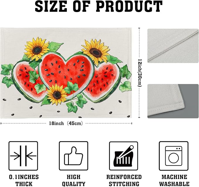 Summer Watermelon Placemat Set of 4，Sunflowers Table Mats Non Slip Heat-Resistant Washable Table Place Mats for Kitchen Dining Table Home Decoration 12 x 18 Inch