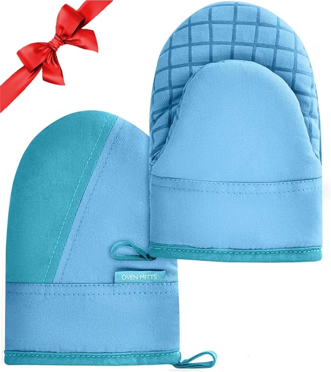 Mini Oven Mitts, Kitchen Oven Gloves Kitchen Mittens 500 Degrees Heat Resistant Baking Gloves, Non-Slip Silicone Surface with Hanging Loops Hot Gloves for Cooking, Baking, BBQ 1 Pair-Blue