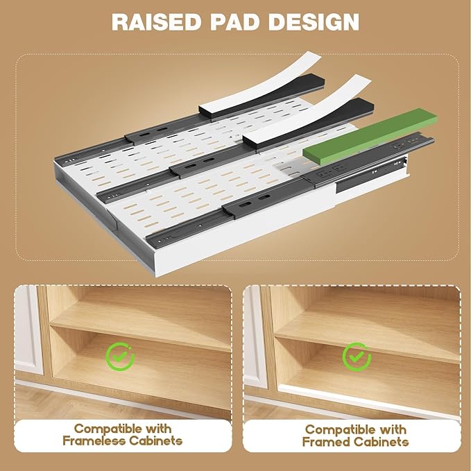 Seinloes 2 Pack Pull Out Cabinet Organizer With Raising Pad for Framed Cabinets,Expandable Width (11"-16") and Depth (17"-24"),3 Slide Rails Slide Out Drawers with Handle,No-Drill Roll Out Shelf,White