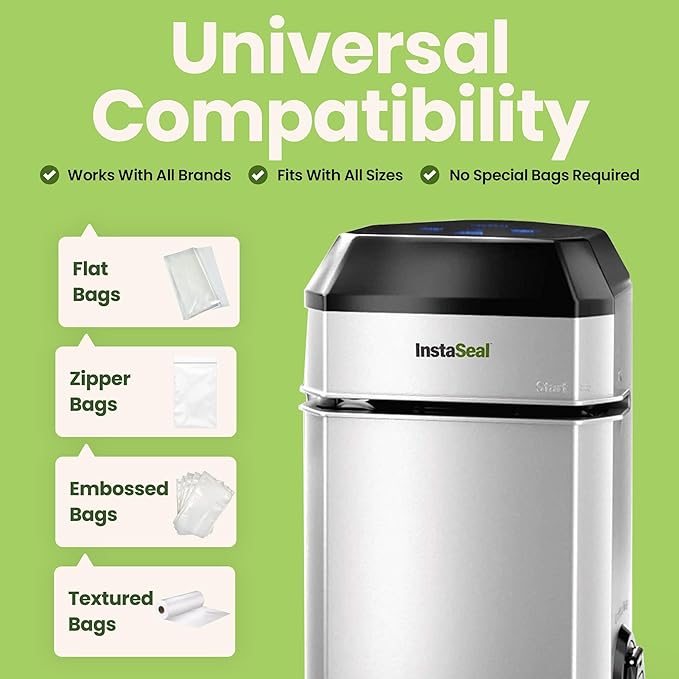 InstaSeal Vacuum Sealer for Food with 12 Bags, Preserves Foods 5x Longer, Space Saving Compact Upright Design Allows Machine to Seal Marinades, Soups, Meats for Sous Vide Cooking, Vegetables