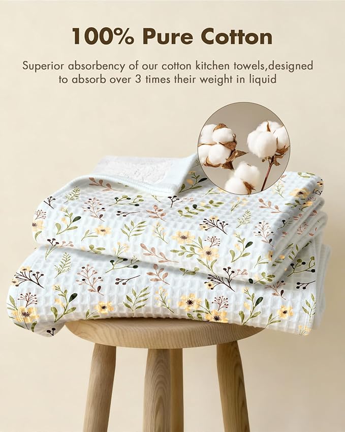 Miss Adola Cotton Waffle Kitchen Towels – Cute 370 GSM 16x25 Inch Terry Cloth Waffle Decorative Dishcloth for Kitchen Set of 2 with Hanging Loop Absorbent Hand Tea Towel for Home Design, Flower