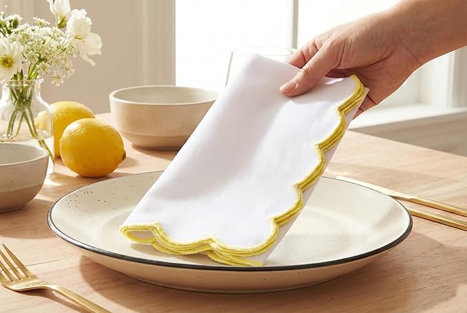 PurpleEssences Scalloped Embroidery Cloth Napkins - Spring Easter Summer - Table Decor - 100% Cotton - Set of 4-18x18 inch - White - Edges - Yellow