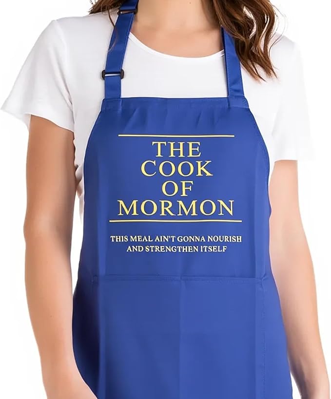 Cook of Mormon LDS Apron – Waterproof, Adjustable Neck Strap, Large Pocket, Funny Kitchen Apron for BBQ or Home Use