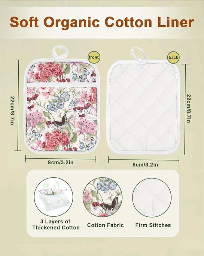 Swooflia 100% Cotton Pot Holders 2 Pack Set for Kitchen with Pockets - Cute 440°F Heat Resistant Oven Hot Pads Heavy Duty for Countertop Home Cooking Baking Microwave BBQ Butterfly Floral